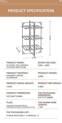 FurnStar - Droogrek K130 - Elektrische droogrek - Verwarmde Wasrek - ‎Droogrek met Verwarming - 59.5 x 62 x 110 cm - Grijs — thumbnail 2