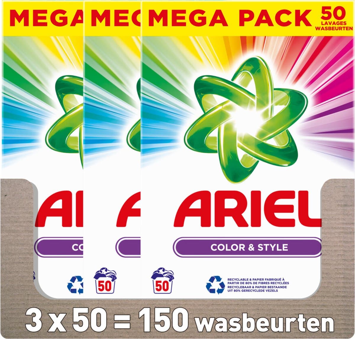 3x Ariel Waspoeder Kleur 50 wasbeurten 3 kg — afbeelding 1