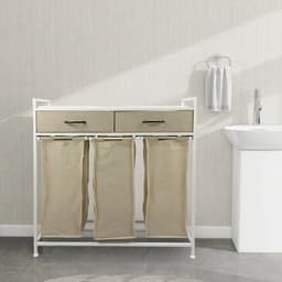 Casayali® TrioSort Wasmanden 150 Liter - Wasmand 3 Vakken - Uitschuifbare Wassorteerder met Laden - Crème — thumbnail 2
