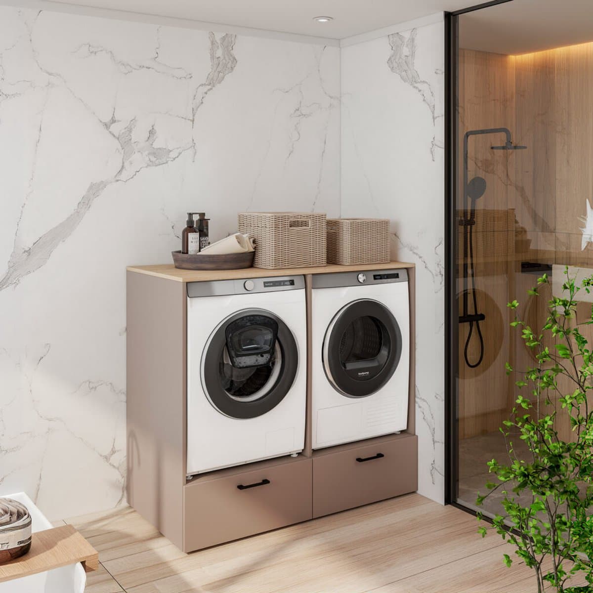 Wasmachine en droger ombouw - Met lade - Beige — afbeelding 1