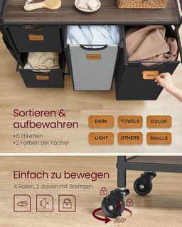 FurnStar - Wasmand 4 vakken - Wasverzamelaar 150 l - Wassorteerder - Waswagen met plank - Waszak - Kleine zijzakken - 6 etiketten - 98.6 x 33 x 80.5 cm - Kastanjebruin-Inktzwart-Duifgrijs — thumbnail 3