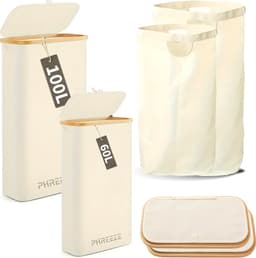 Wasmanden Set - 60L + 100L - 2 Stuks - Wasmand met Deksel - Wassorteerder - Opbergmand - Mand Vuile Was - Beige — thumbnail 1