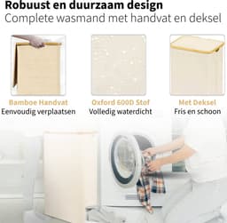 Smalle Wasmand - 60L - 2 Stuks - Wasmanden met Deksel en Waszak - Mand Vuile Was - Opbergmand - Mand - Beige — thumbnail 5