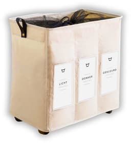 Wasmand op Wielen 145L – Wassorteerder 3 Vakken – Inklapbare Wasmand met Handvatten, Trekstang en Nederlandse Labels – Beige Wasmand voor Badkamer, Slaapkamer en Wasruimte - 145L — thumbnail 1