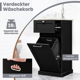 COSTWAY Waskast met wasmand, wasverzamelaar met lade, tafelblad van bamboe, badkamerkast, badkamerkast voor badkamer, bijkeuken, 40 x 37 x 82 cm (zwart) — thumbnail 5