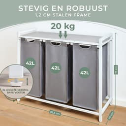 Blumtal Wasmand met 3 vakken - Wasmand met betonlook plank - Metalen frame - Wasmand met poten - Wit en grijs — thumbnail 3