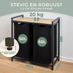 Blumtal Wasmand met 2 vakken - Wasmand met bamboe plank - Metalen frame - Wasmand met poten - Zwart — thumbnail 4