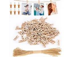 150 Houten Knijpers met Jute Touw voor Fotomuur en Decoratie