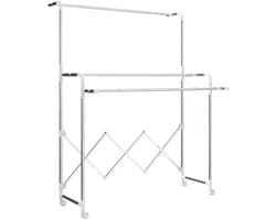 Inklapbare Vrijstaande Droogrek 103x104-150x197cm Zilver Stevig en Duurzaam Rvs Frame Met 3 Verstelbare Droogstangen en Wieltjes Gemakkelijk Te Verplaatsen Inklapbaar Ontwerp Bespaart Ruimte Geschikt voor Binnen en Buiten