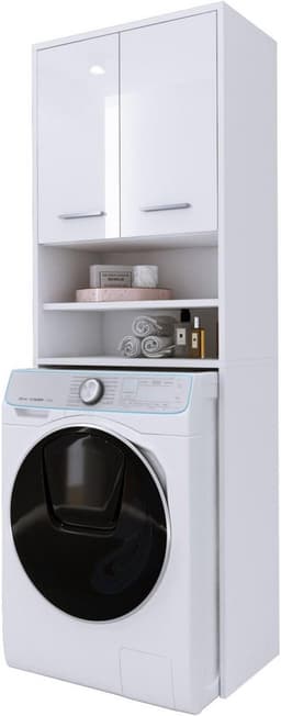 Wasmachinekast met 2 kasten en 2 planken, hoogte 180 cm, breedte 64 cm, diepte 30 cm, wit hoogglans — thumbnail 1