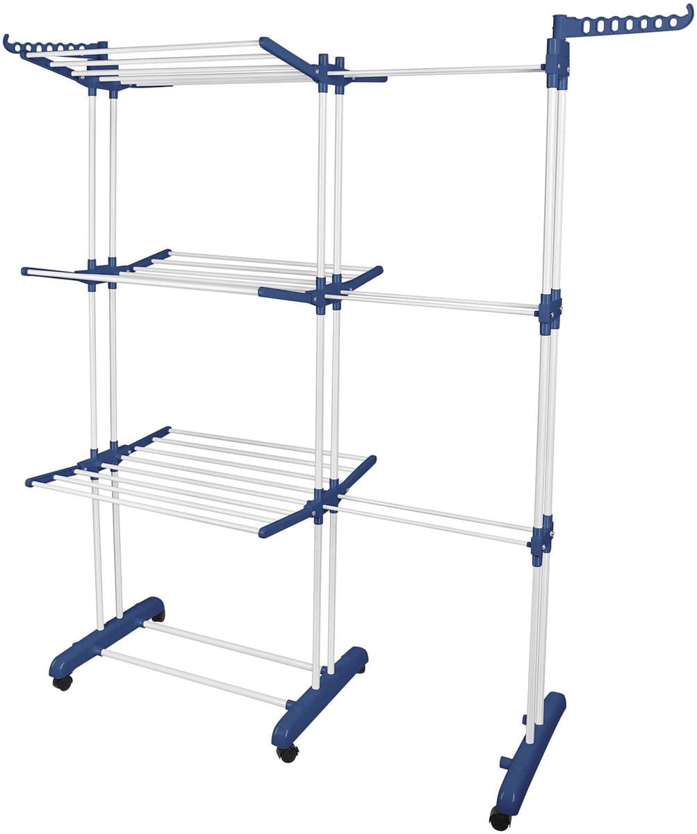 PIPIPOXER-Uitschuifbare Droogtoren-Droogrek – Inklapbaar Wasrek – Uitgerust met Wieltjes-Blauw + Wit — afbeelding 1