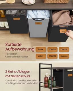 Wasmand 150L met 3 Vakken en Wielen – Metalen Frame met Houten Bovenblad & 2 Zijplanken – Uitneembare Waszakken – Laundry Sorter — thumbnail 5