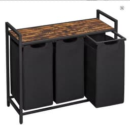 Wasmand 3 Vakken – Metalen Frame met Houten Blad – 3 Uitneembare Waszakken – Was Sorteren Toonbank – Zwart – 92,5 cm — thumbnail 2