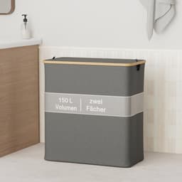 Grote Wasmand met Deksel en 2 Vakken – 150 Liter, Bamboe-Stof, XXL, Grijs — thumbnail 3