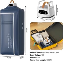 Draagbare wasdroger, klein, opvouwbare mini-droogmachine met 1-4 uur timing, elektrische warme luchtdroger, klein met droogzak, 360°-droogfunctie, mini-droger voor appartement, thuis, reizen — thumbnail 4
