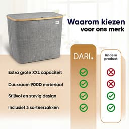 DARI. - Wasmand 3 vakken - Wassorteerder - 205L XXL - met 3 uitneembare zakken - wasmand - grijs - knopen — thumbnail 3