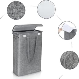 Smalle Wasmand met Deksel 45L, Opvouwbare Wasmand voor Vuile Was met Draaggreep, Waterafstotend, Ruimtebesparende Wasbox voor Badkamer, Slaapkamer en Wasruimte (Gray) — thumbnail 3