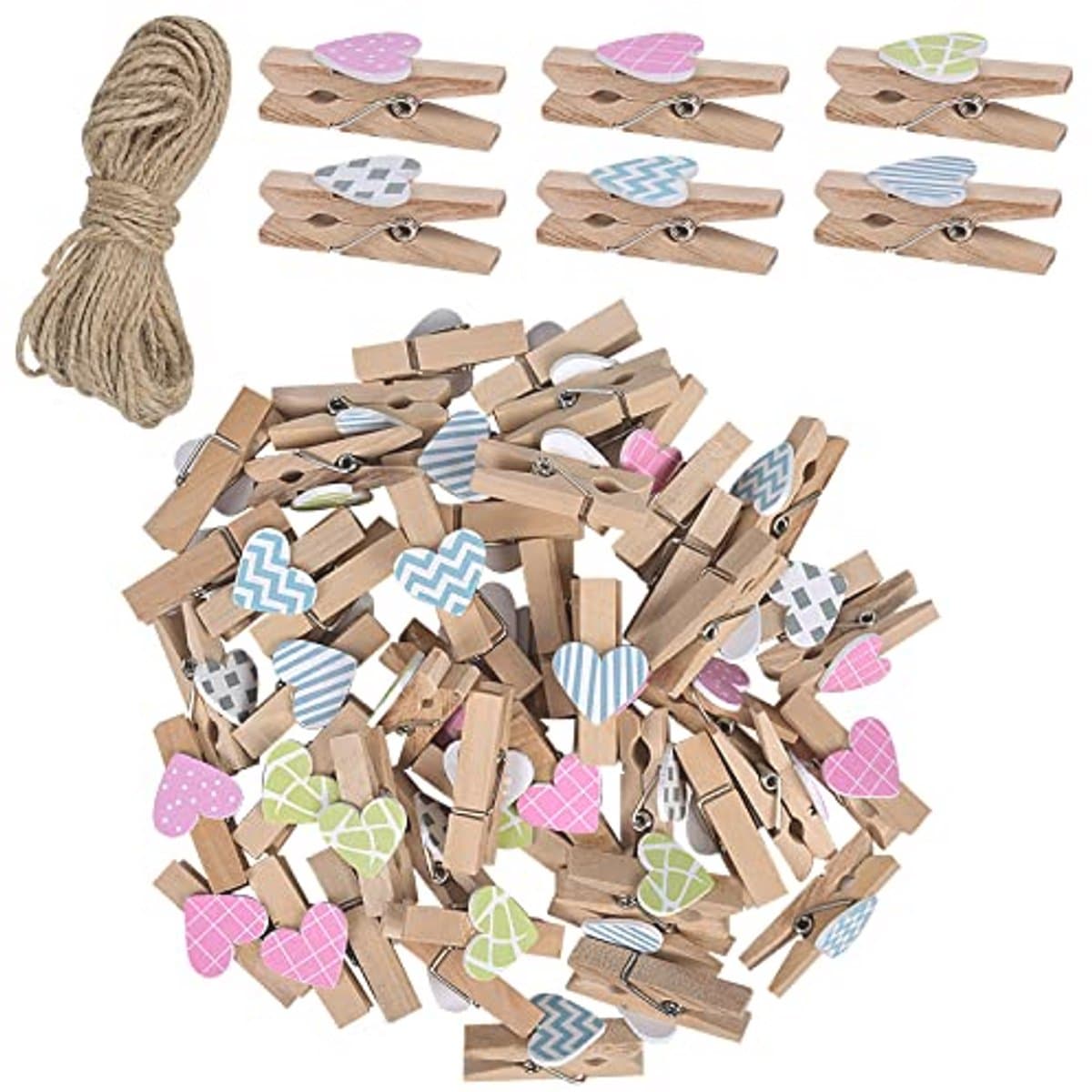 Houten foto-display-clips 50 stuks gekleurd - Mini knutselclips met jute touw voor muurdecoratie — afbeelding 1