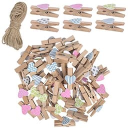 Houten foto-display-clips 50 stuks gekleurd - Mini knutselclips met jute touw voor muurdecoratie — thumbnail 1
