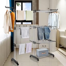 Jiubiaz Droogrek toren, wasrek uittrekbaar lengte 75-150 cm, wasrek ruimtebesparend, 4 etages met 2 inklapbare vleugels, 360 graden draaibare wielen, wastoren voor buiten en binnen — thumbnail 2