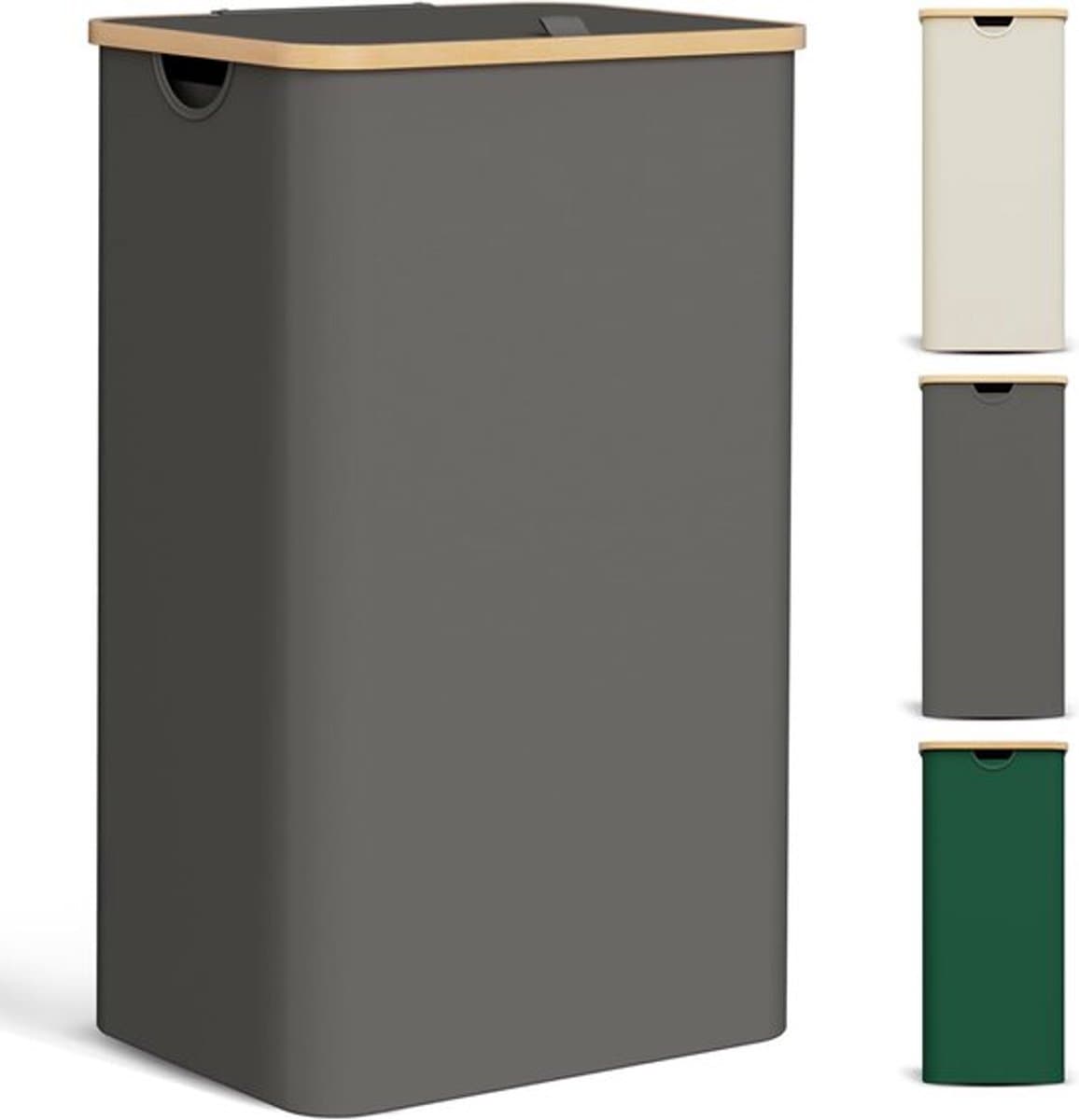 Candala Wasmand met deksel, 85 liter, wasverzamelaar, smal, met waszak, grote opvouwbare wasmand, hout, bamboe, wasmand, hoge wasmand, donkergrijs — afbeelding 1