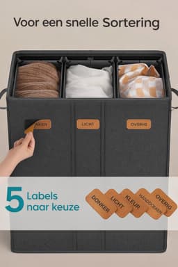 Wasmand met 3 Vakken - 160L - Wassorteerder met Deksel - Uitneembare & Wasbare Binnenzak - Met Labels voor Gemakkelijk Sorteren - Wit — thumbnail 2