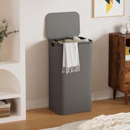 Wasmand met deksel - 100 liter opvouwbare wasverzamelaar met waszak en kunststof handvat - hoge wassorteerder in grijs — thumbnail 2