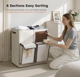 180L Wasmand met Deksel – 4-Delige Grote Wasmand met Gescheiden Compartimenten – Dubbele Wasverzamelaar met Uitneembare Waszakken – Wassorteerder voor Wasruimte en Slaapkamer — thumbnail 4