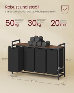 Furnstar Wasmand - Wasverzamelaar met plank - Wasbox - Afneembare waszak van Oxford stof - 4 vakken - Metalen frame - 160L - 116 x 33 x 72 cm - Inktzwart Vintabruin — thumbnail 3