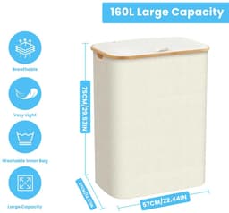 Deliqa-wasmand-160 Liter-zwart-3 vakken-wasbare binnenzak-hoge wasmand met deksel-opvouwbare wassorteerder-zwarte wasmand — thumbnail 2