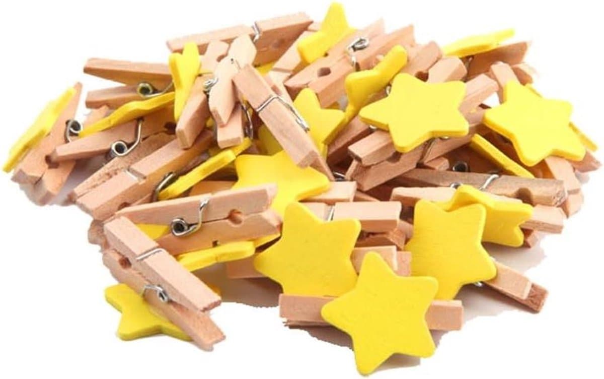 Allecto - sterren wasknijpers hout - mini clips - kleurrijke decoratie - geel - fotohouders voor knutselen - geschikt voor feestdagen - 50 stuks — afbeelding 1