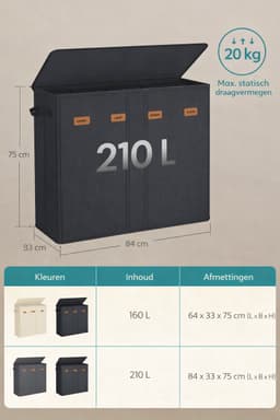 Ohana DT - Wasmand 4 Vakken - Wassorteerder - 210 Liter - 84x33 x75 CM - Oxford Stof - Afneembare Binnentassen - Zwart — thumbnail 5