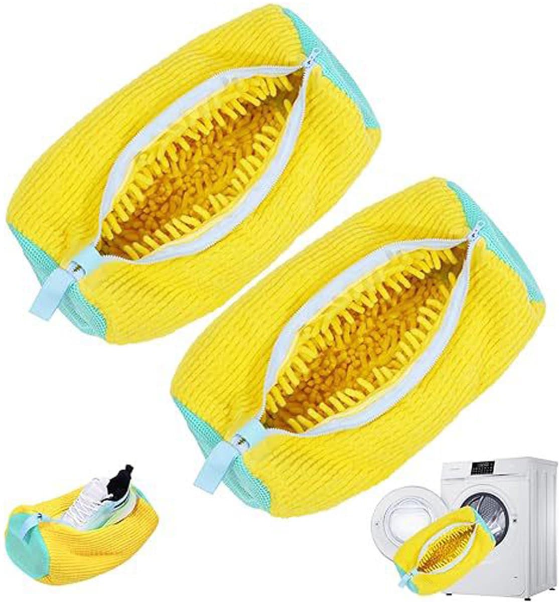 2-stuks Wasmachine schoenentas - Vierkante mesh schoenen opbergtas - Schoenentas met rits - Anti-deformatie - Mesh ontwerp - Lichtgewicht en draagbaar - Met handvat - Geschikt voor sneakers, slippers, ondergoed, yogabroeken, sokken, etc. - Geel — afbeelding 1