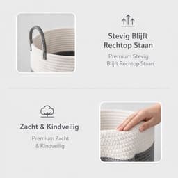 Wasmand van gevlochten katoenen touw met handgrepen, grote opbergmand voor speelgoed in de kinderkamer, dekens in de woonkamer, D 35 x H 50 cm, wit en grijs — thumbnail 2