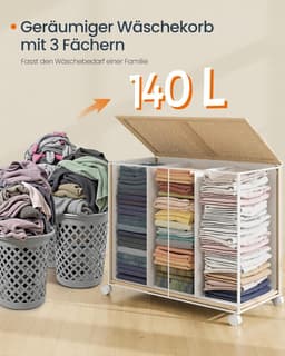 Furnstar HOME Wasmand met 3 vakken - Wasverzamelaar 140 l - Wassorteerder op wieltjes met deksel - Waszak met handgrepen - Rotan-look - Voor bijkeuken en badkamer - Beige/Wit — thumbnail 4