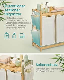 Furnstar wasmand - 2 vakken - Bamboe Wasverzamelaar - 100 l Wassorteerder met plank -Waszak - Kleine zijzakken - Wasrek - 2 x 50 l 63 x 33 x 78 cm - Crèmewit — thumbnail 3