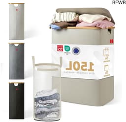 RFWR® Wasmand met 3 Uitneembare Zakken en Deksel - Smalle Bamboe Wasbox voor Efficiënte Sortering en Statiegeldflessen - Beige — thumbnail 1