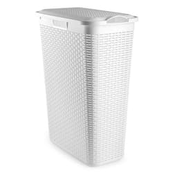Plasticforte Smalle Wasmand met deksel Rotan - wit - gevlochten kunststof - 48 liter - 27 x 46 x 60 cm — thumbnail 1