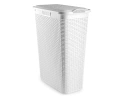 Plasticforte Smalle Wasmand met deksel Rotan - wit - gevlochten kunststof - 48 liter - 27 x 46 x 60 cm — afbeelding 1