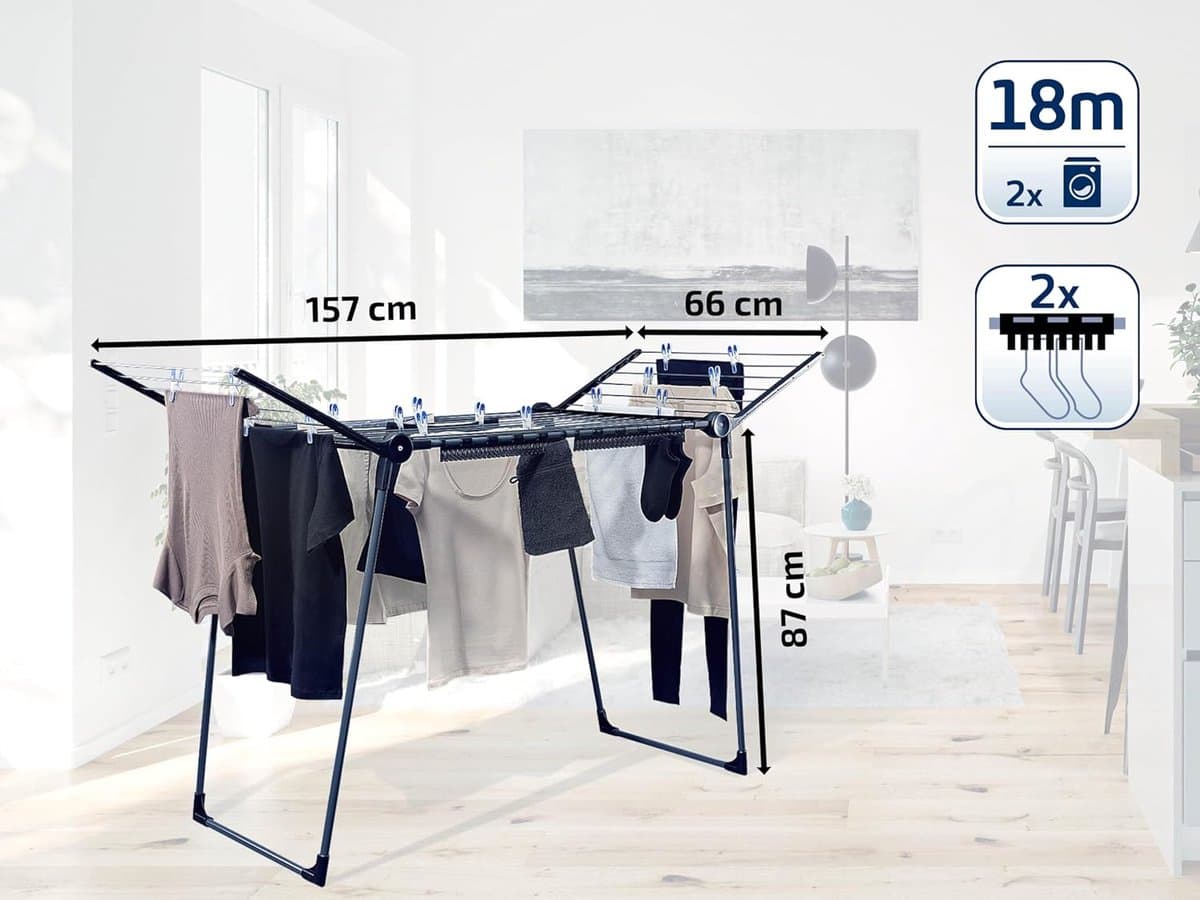 Famanu - Pegasus 180 solide droogrek voor kleding, droogrek met 18 m drooglengte, droogrek voor lang wasgoed, sterk en stevig, design wasrek zwart — afbeelding 1