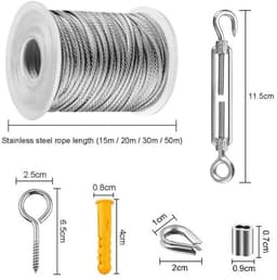 30 meter Seilspannmarkise Compleetset, PVC-beschicht draad 2 mm met roestvrij staal, waslijn voor buiten met 5 spanklemmen en 10 grondankers — thumbnail 3