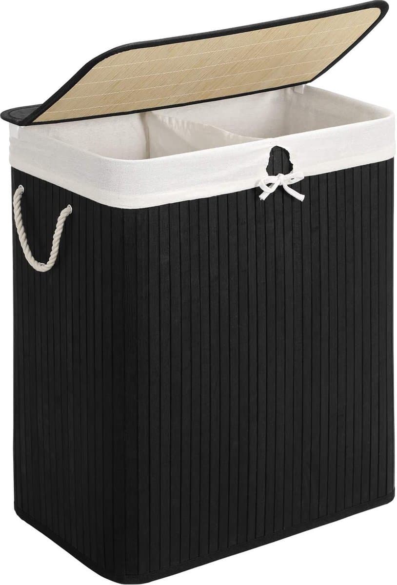 Bamboe Wasmand, 100 L Wasbak, Wasmand Met 2 Compartimenten, Wassorteerder Met Deksel En Verwijderbare Waszak, Katoenen Handgrepen, Zwart — afbeelding 1