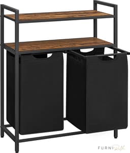 Wasmand - Wasverzamelaar met 2 compartimenten - 2 planken - Uitschuifbare en verwijderbare waszakken 2x46L - Voor badkamer en wasruimte - Vintage bruin-zwart — thumbnail 1