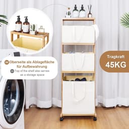 Bamboe Wasmand met Wieltjes - Wasverzamelaar en Badkamerrek - 4 Verdieningen en 3 Opbergmanden - 121x34x42cm - 50kg belastbaar — thumbnail 3