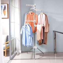 Opvouwbaar droogrek voor kleren - inklapbaar statief - kleerhanger hoek kledingstuk opslag plank - draagbaar wasorganisator - ivoor folding wall laundry rack — thumbnail 2