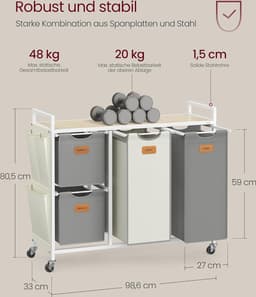 FurnStar Wasmand 4 Vakken – Wasverzamelaar 150L – Wassorteerder met Rollen en Plank – Waszakken met Kleine Zijzakken – 6 Etiketten – 98,6 x 33 x 80,5 cm – Natuurbeige - Duifgrijs-CrèmewitNatuurbeige - Duifgrijs-Crèmewit — thumbnail 5