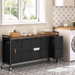 Home & Beyond® Wasmand met 5 Vakken - Wassorteerder met Plank - Wasmand op Wielen - Wasgoedmand met Uitneembare Waszakken en Voorvakken - Donkerbruin Zwart - 137x33x75 cm — thumbnail 4