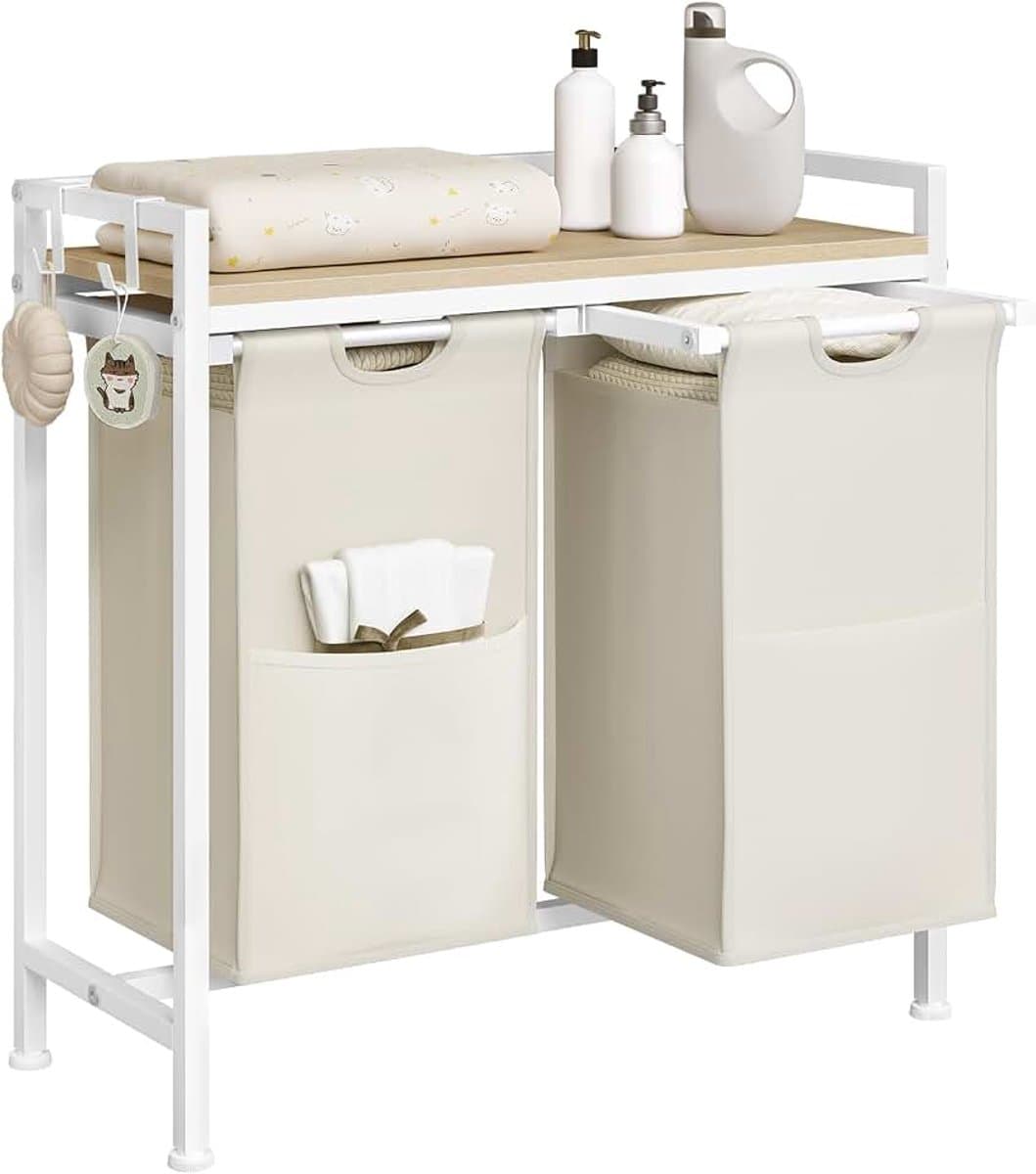 Wasmand met 2 vakken, 40 l/mand, met rek | Waszak van afneembare Oxford-stof, metalen frame, wit + licht eiken — afbeelding 1