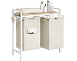 Wasmand met 2 vakken, 40 l/mand, met rek | Waszak van afneembare Oxford-stof, metalen frame, wit + licht eiken