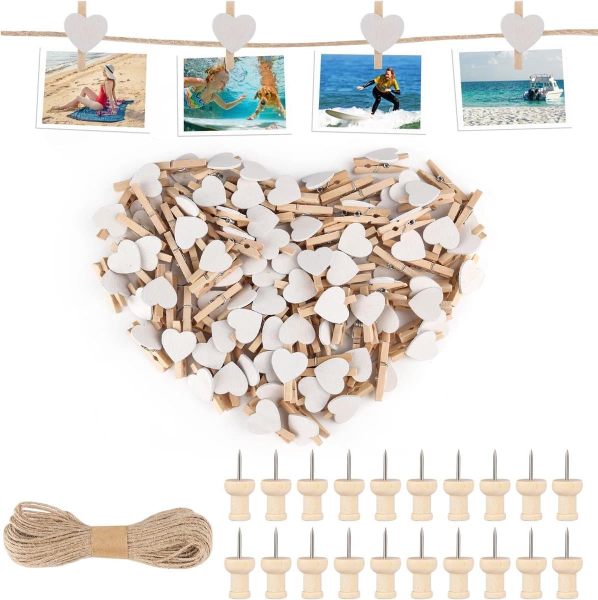 Hartvormige Wasknijpers - Mini Houten Knijpers - Foto's Ophangen - Natuurlijk Hout - 100 Stuks - Wit — afbeelding 1